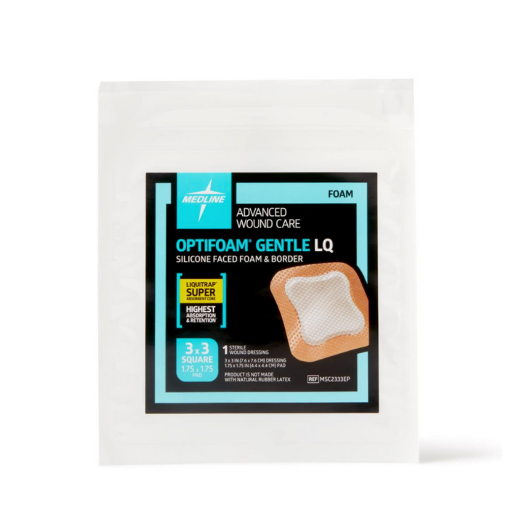 A package of Medline Optifoam Gentle LQ Silicone-Faced Foam Wound Dressings, featuring a 3.3-inch square silicone border dressing image on the front and product details in blue, black, and white.
